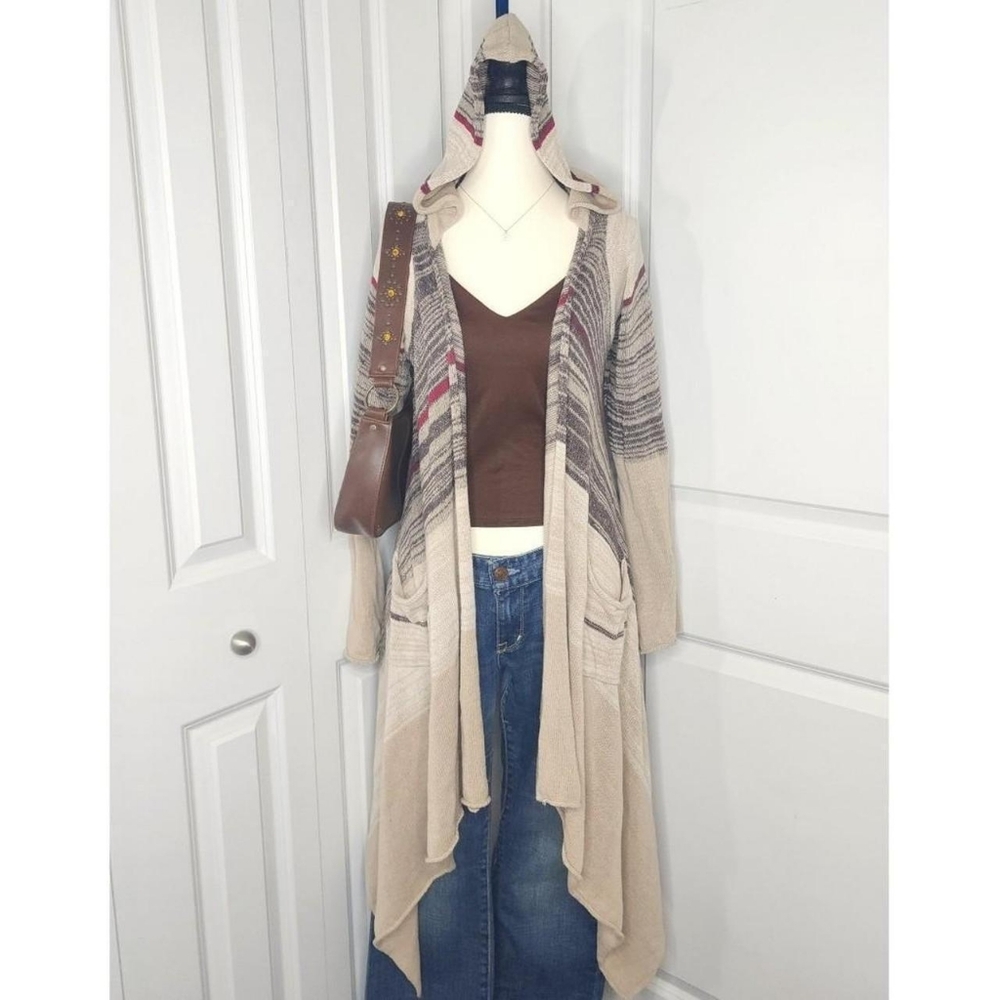 Y2K Bella Swan Tan N' Brown Hippie Boho Striped Asymmetrical Open Front Cardigan